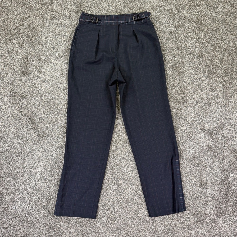 Rag & Bone Navy Plaid Buckle Waist Tapered Ankle Zip Trousers Womens 6 USA Made